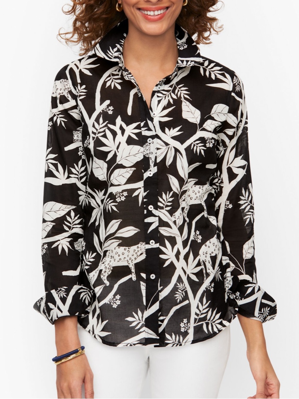 NWT TALBOTS Cotton Button Front Shirt in Tropical Panther Print Sz M Black White